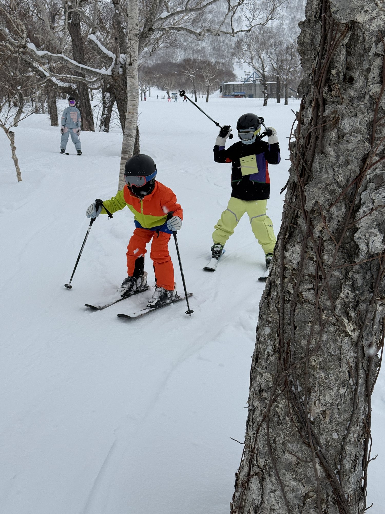 Two young skiers developing their skills through the trees in Niseko